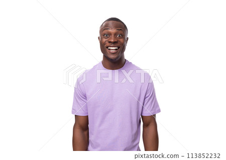 young adorable african man with short haircut wearing lilac t-shirt young adorable african man with short haircut wearing lilac t-shirt 113852232