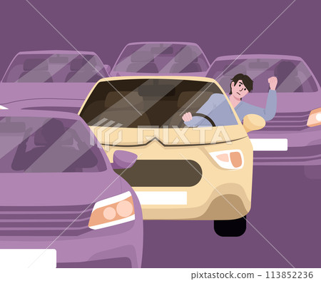 City traffic jam and sleepy driver. Driving car slow moving in urban auto flow. Vector illustration EPS10 113852236