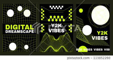 Retro futuristic vibe flyers set. Y2k techno vibe banners set. Retrowave posters with vibrant green text and lines on black background, announcement text frame Retro futuristic vibe flyers set. Y2k techno vibe banners set. Retrowave posters with vibrant green text and lines on black background, announcement text frame 113852260