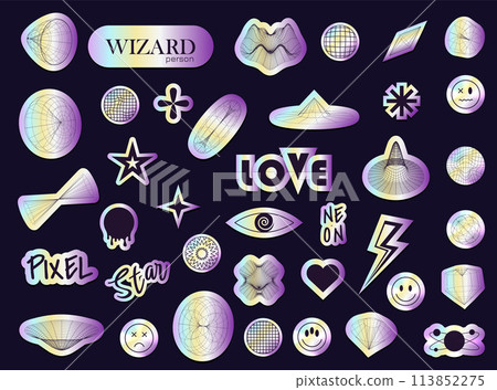 Holographic stickers. Y2k metallic gradient sticker. Shine metal badges of various shapes. Gradient sale and discount stickers. Shiny holo texture retro icons.Hype CD effect tag 113852275