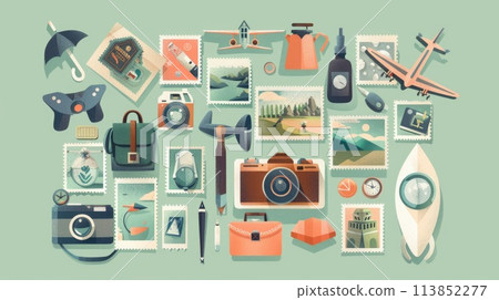 Assorted vintage objects and office supplies flat lay. Illustration with copy space.. AI generative 113852277