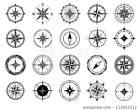 Vintage marine wind rose, nautical chart. Compass icons set. Compass rose sign. Compasses for travel map. Navigation arrow symbols. Vintage marine wind rose, nautical chart. Compass icons set. Compass rose sign. Compasses for travel map. Navigation arrow symbols. 113852312