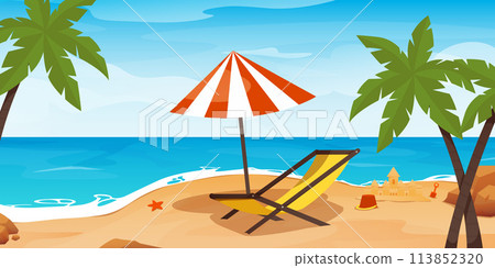 Summer beach cartoon landscape. Paradise nature vacation, ocean or sea seashore. Seaside landscape, tropical beach relax or seaside landscape. 113852320