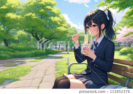 高中女孩在公園吃飯(AI 生成圖像) 高中女孩在公園吃飯(AI 生成圖像) 113852378