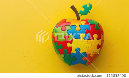 Puzzle apple with multicolored pieces on a yellow background. Autistic Pride Day. AI generative 113852408