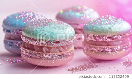Colorful Glitter Macarons on a Shimmering Background. AI generative 113852409