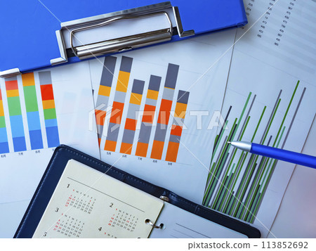 Graphs, binders, calendars, and notebooks on a table 113852692