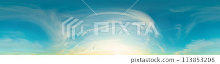 360 panorama of glowing sunset sky with bright Cirrus clouds. Seamless hdr spherical 360 panorama. Sky dome in 3D visualization, sky replacement for aerial drone panoramas. Weather and climate change. 113853208