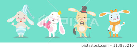 Happy Bunny Character with Long Ears Vector Set 113853210
