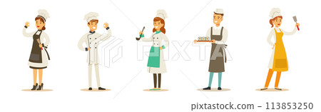 Professional Chef Man and Woman Character Stand in Uniform Vector Set Professional Chef Man and Woman Character Stand in Uniform Vector Set 113853250