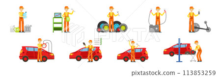 Car Service Man Worker Character Repair Auto Vector Set 113853259
