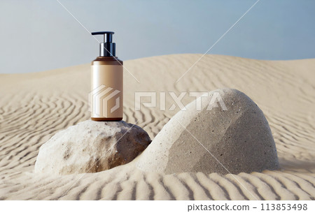 沙灘上的化妝品瓶和米色石頭。 3D 渲染。產品展示樣機。 沙灘上的化妝品瓶和米色石頭。 3D 渲染。產品展示樣機。 113853498