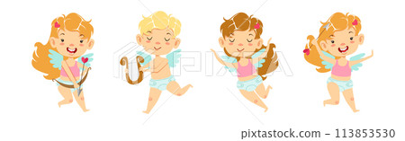 Cupid Boy and Girl Angel Character with Wings Vector Set 113853530