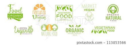 Green Vegan Organic Natural Food Label Vector Set Green Vegan Organic Natural Food Label Vector Set 113853566