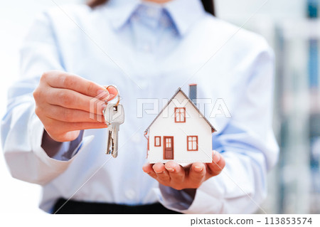 Estate agent offers house keys and model home, illustrating successful ownership. Estate agent offers house keys and model home, illustrating successful ownership. 113853574