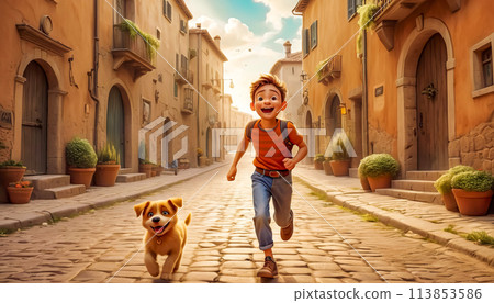 Happy boy running along the road with his dog 113853586