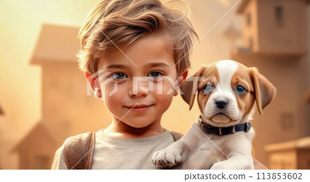 Friendship between man and dog. Cute boy with his puppy friend 113853602