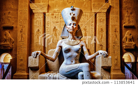 The beautiful Egyptian goddess-pharaoh Hatshepsut sits on a golden throne in the Dendera temple The beautiful Egyptian goddess-pharaoh Hatshepsut sits on a golden throne in the Dendera temple 113853641
