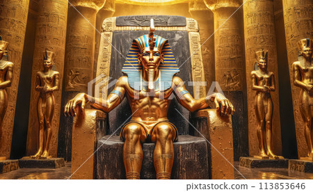 The beautiful Egyptian goddess-pharaoh Tutankhamun sits on a golden throne in the temple of Thebes 113853646