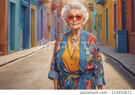 Portrait of an active bright extravagant happy elderly woman Portrait of an active bright extravagant happy elderly woman 113853671