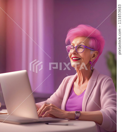 Portrait of an active bright business elderly woman working on a laptop 113853683