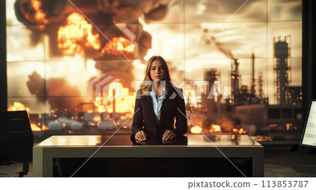 News Anchor Reporting on Industrial Catastrophe 113853787