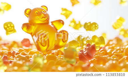Joyful Gummy Bears in a Colorful Candy Deluge 113853810