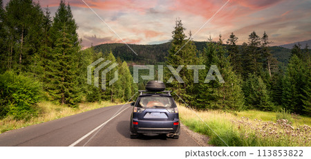 car for traveling with a mountain road 113853822