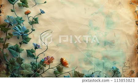 Floral Overlay on Vintage Parchment Texture 113853823