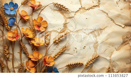 Autumn Harvest Theme with Wheat and Dried Flowers 113853827