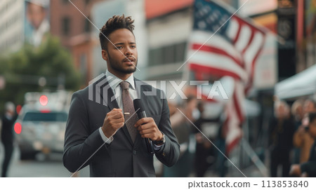 Male Reporter Preparing for Live Election Broadcast 113853840