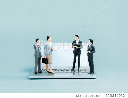 筆記型電腦和商人微型風格插畫 筆記型電腦和商人微型風格插畫 113854032