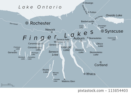 Finger Lakes region in New York State, United States, gray political map, with most important cities. Group of eleven long, narrow, roughly south-north lakes, located directly south of Lake Ontario. 113854403