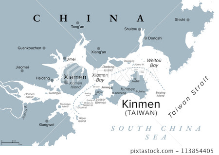 Kinmen, also known as Quemoy, gray political map. Group of islands governed as county by Taiwan, the Republic of China, east from the city of Xiamen, located at the southeastern coast of China, PRC. 113854405