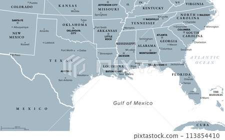 Gulf States of the United States, also called Gulf South or South Coast, political map. Coastline along Southern United States at Gulf of Mexico. Texas, Louisiana, Mississippi, Alabama and Florida. Gulf States of the United States, also called Gulf South or South Coast, political map. Coastline along Southern United States at Gulf of Mexico. Texas, Louisiana, Mississippi, Alabama and Florida. 113854410