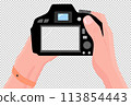 Digital photo camera in hands. First-person view. Copy space for your own pictures. Digital photo camera. Making photo for advertising, banner, poster, card 113854443
