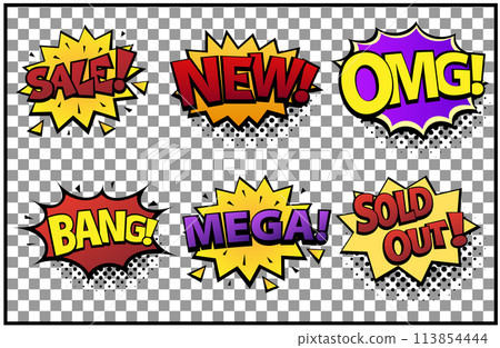 Comic speech bubbles set with different emotions and text Sale, New, OMG, Bang, Mega, Sold Out . Vector bright dynamic cartoon illustrations in retro pop art style isolated on transparent background 113854444