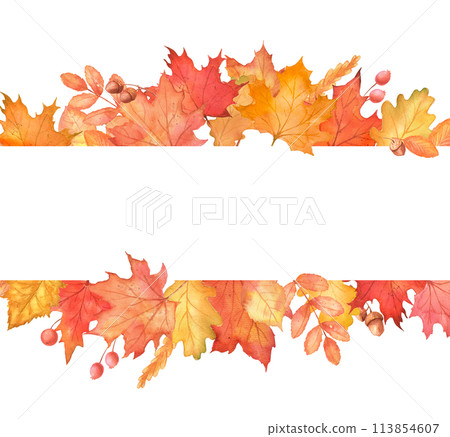 Fall frame with autumn maple leaves. Orange foliage hand drawn illustration Fall frame with autumn maple leaves. Orange foliage hand drawn illustration 113854607