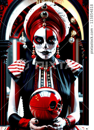 Beautiful mysterious fortune teller joker predicts fate on a magic ball Beautiful mysterious fortune teller joker predicts fate on a magic ball 113854818