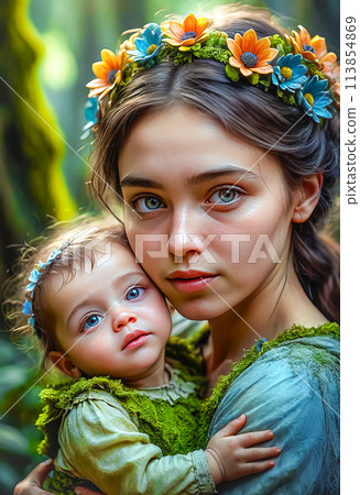 Beautiful young woman with a child in her arms, motherhood and love 113854869