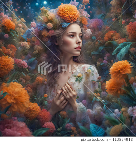 Portrait of a beautiful and mysterious girl in a beautiful wreath of flowers on her head Portrait of a beautiful and mysterious girl in a beautiful wreath of flowers on her head 113854918