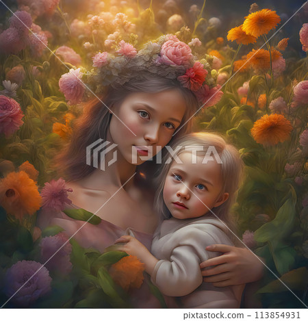Beautiful young woman with a child in her arms, motherhood and love Beautiful young woman with a child in her arms, motherhood and love 113854931
