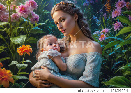 Beautiful young woman with a child in her arms, motherhood and love 113854954