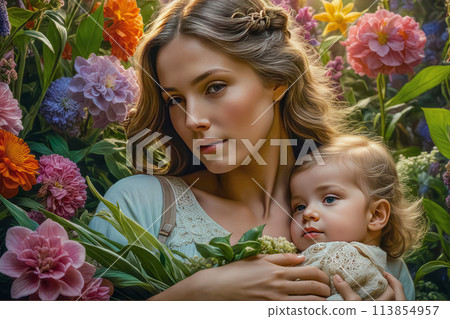 Beautiful young woman with a child in her arms, motherhood and love 113854957