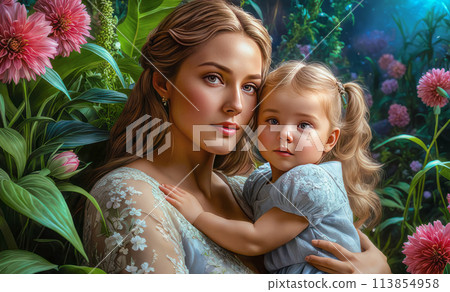 Beautiful young woman with a child in her arms, motherhood and love 113854958