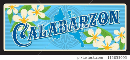 Calabarzon region in Philippines, Vector travel plate or sticker, vintage tin sign, retro vacation postcard or journey signboard, luggage tag. Tropical flowers and map of territory Calabarzon region in Philippines, Vector travel plate or sticker, vintage tin sign, retro vacation postcard or journey signboard, luggage tag. Tropical flowers and map of territory 113855093