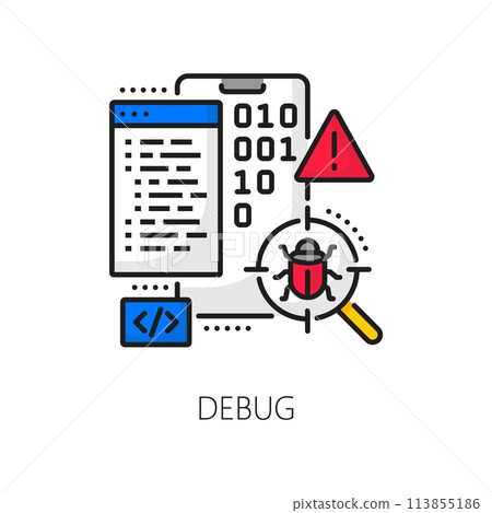 Cellphone application develop and debug, mobile software coding, web app optimization outline icon. Application development and testing linear vector icon with mobile phone, binary code and bug Cellphone application develop and debug, mobile software coding, web app optimization outline icon. Application development and testing linear vector icon with mobile phone, binary code and bug 113855186
