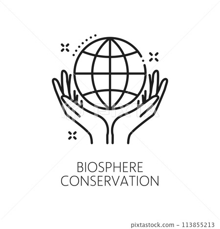 Biosphere conversation, clean power, ecology line icon. Renewable energy and sustainable future technology, clean ecology and safe environment outline vector pictogram with human hands holding globe Biosphere conversation, clean power, ecology line icon. Renewable energy and sustainable future technology, clean ecology and safe environment outline vector pictogram with human hands holding globe 113855213