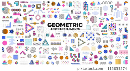 Geometric Memphis shapes, isolated vector elements set, feature vibrant, abstract patterns and ornaments, inspired by 1980s design, characterized by bold colors, sharp angles and playful compositions 113855274