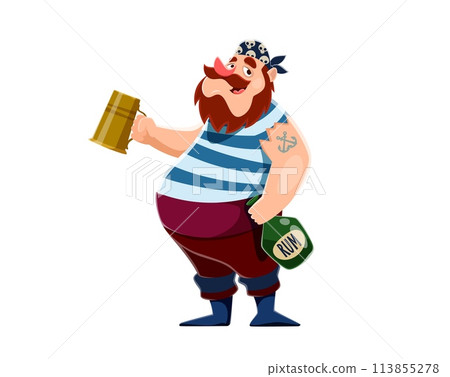 Cartoon pirate sailor character with mug of rum, corsair seaman. Vector seafarer rover in striped vest holding tankard and bottle with drunk grin, embodying a seafaring spirit of adventure and revelry 113855278